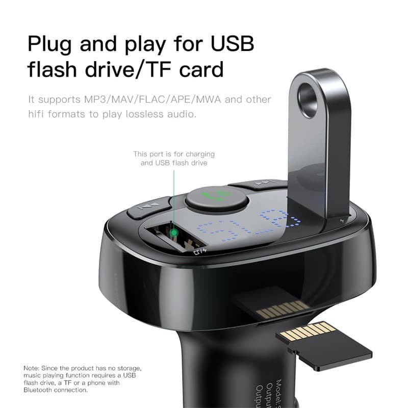 CAR CHARGER BASEUS 2 USB PLUS USB-C BLUETOOTH MP3 S-13 CCTM-B01