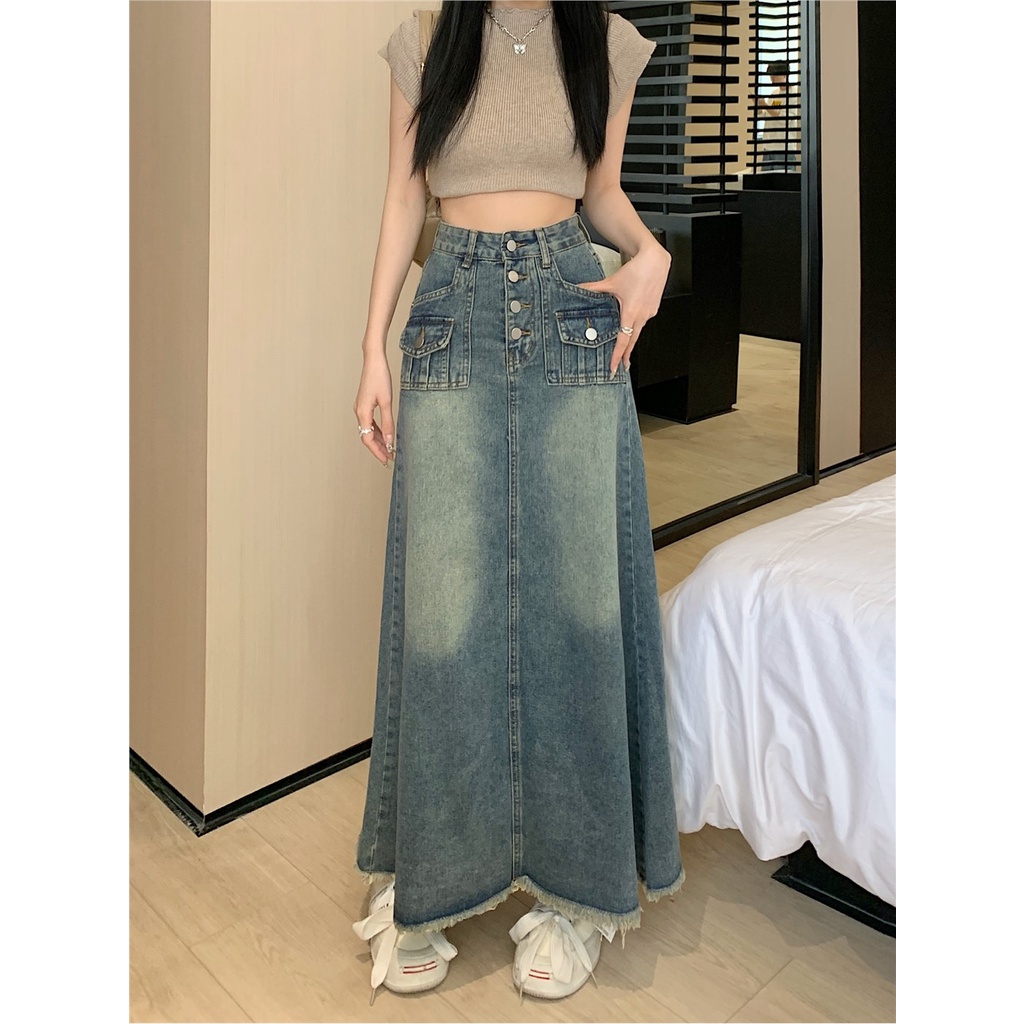 Red Rok denim tepi mentah retro Amerika wanita musim panas pinggang tinggi dicuci rok panjang rok fashion rok a-line ramping rok biru