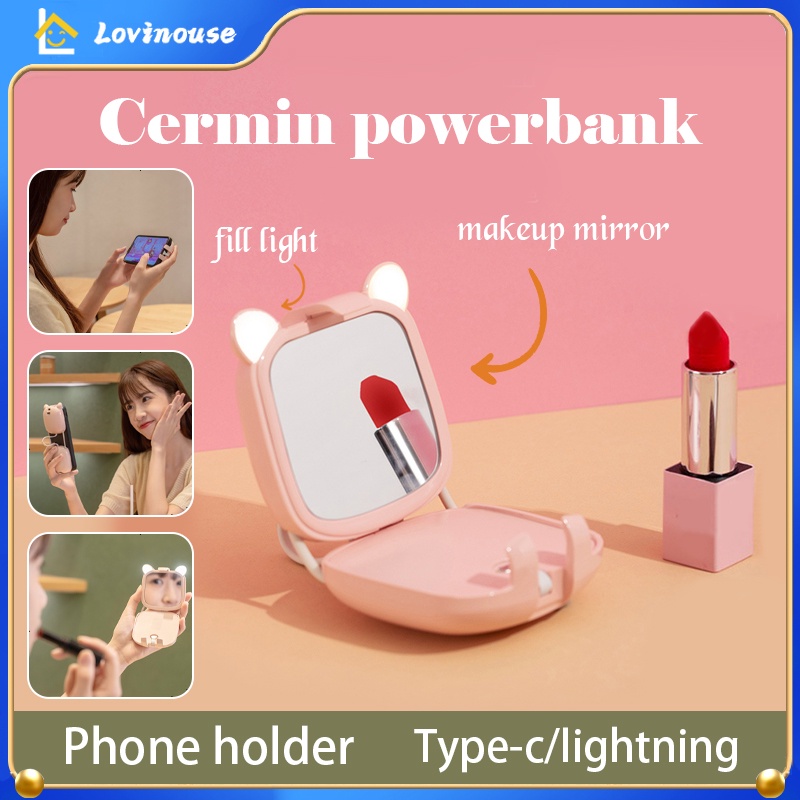 Light Powerbank Cermin Mini motif Kucing Isi cahaya Type C dan IOS Portabel pink real capacity 5000 mah for iphon OKK