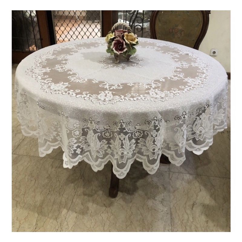 TAPLAK MEJA MAKAN BULAT/BUNDAR UNTUK 6 KURSI POLYESTER RENDA CLASSIC
