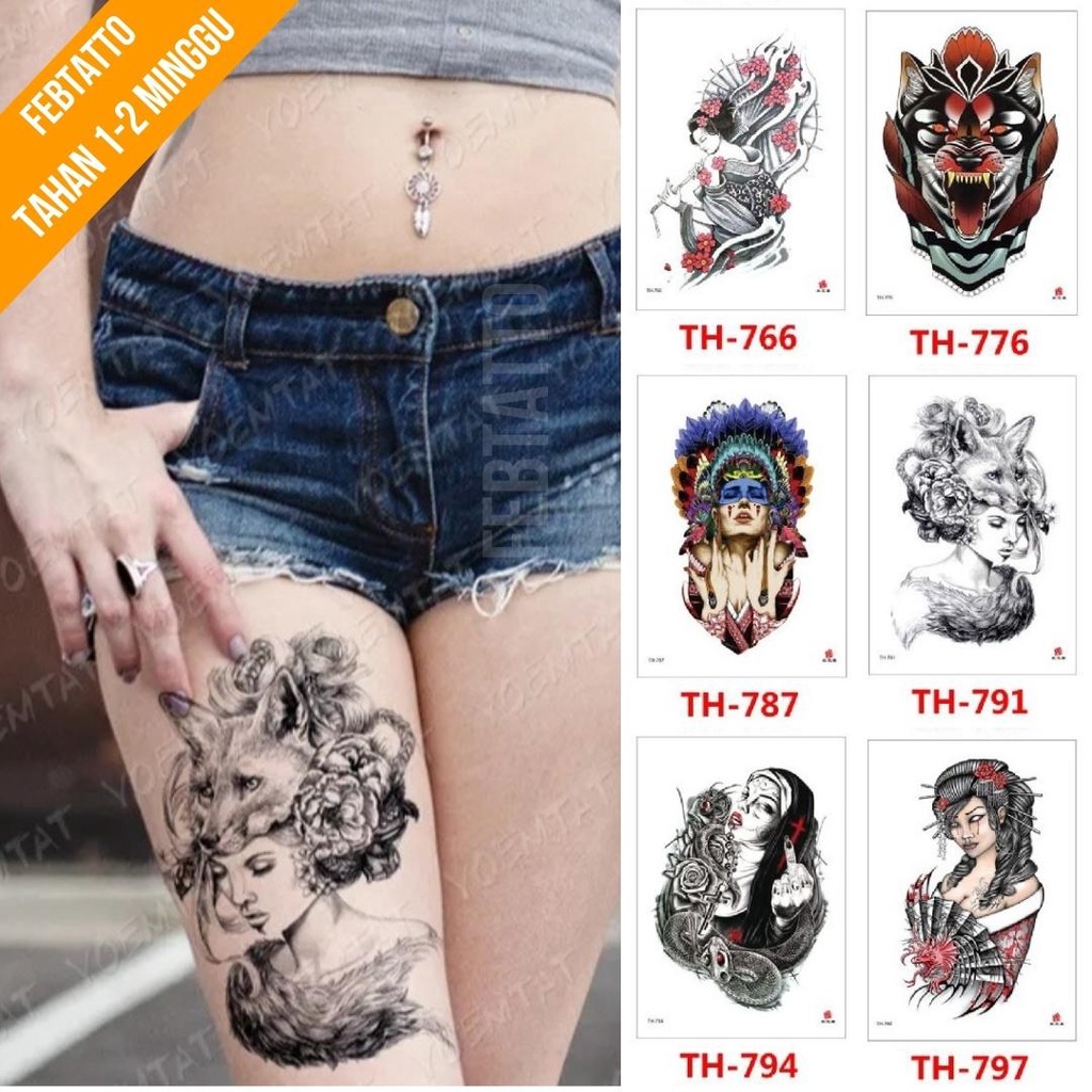Tato Temporer Ukuran 21cmx15cm Motif Aesthetic Tatto Temporary Stiker Tato Halal Grosir Tato air motif perempuan, bunga, serigala, ghesia, biarawati, suku TH 791
