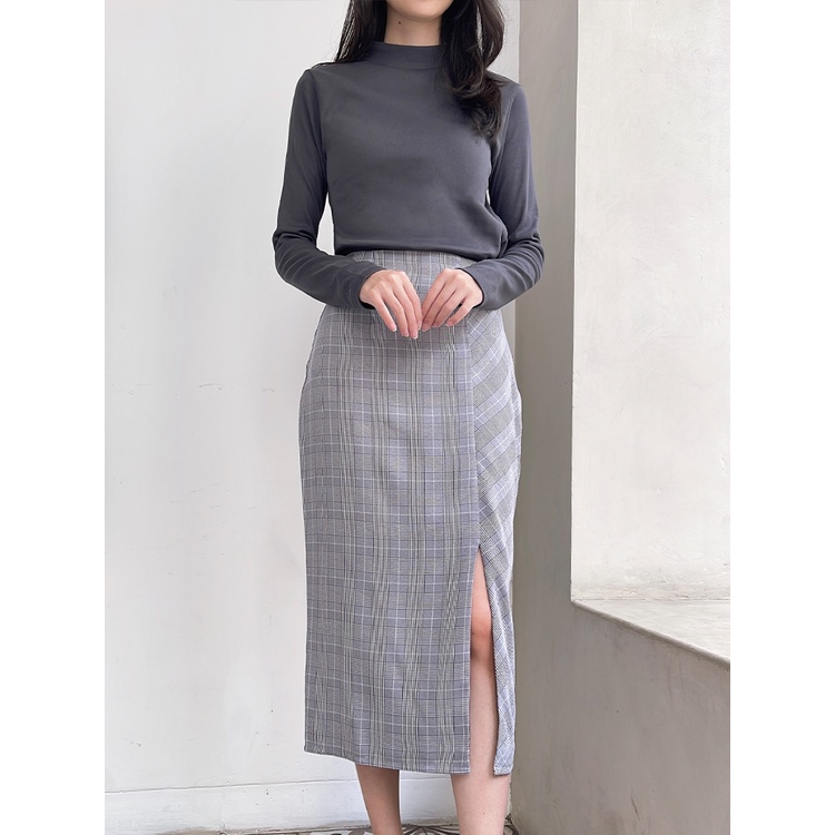 Kadaka B-0183 Midi Plaid Skirt Rok Wanita Korean Look Detail Slit