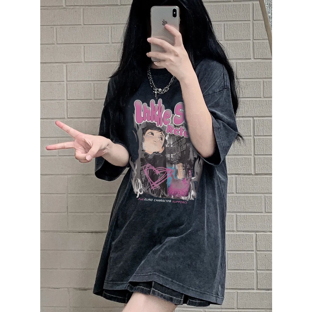 EUNII T-shirt Lengan Pendek Black Washed Retro Anime Character Printing Korean Style/Kaos Atasan Wanita/Baju Wanita/Kaos Wanita