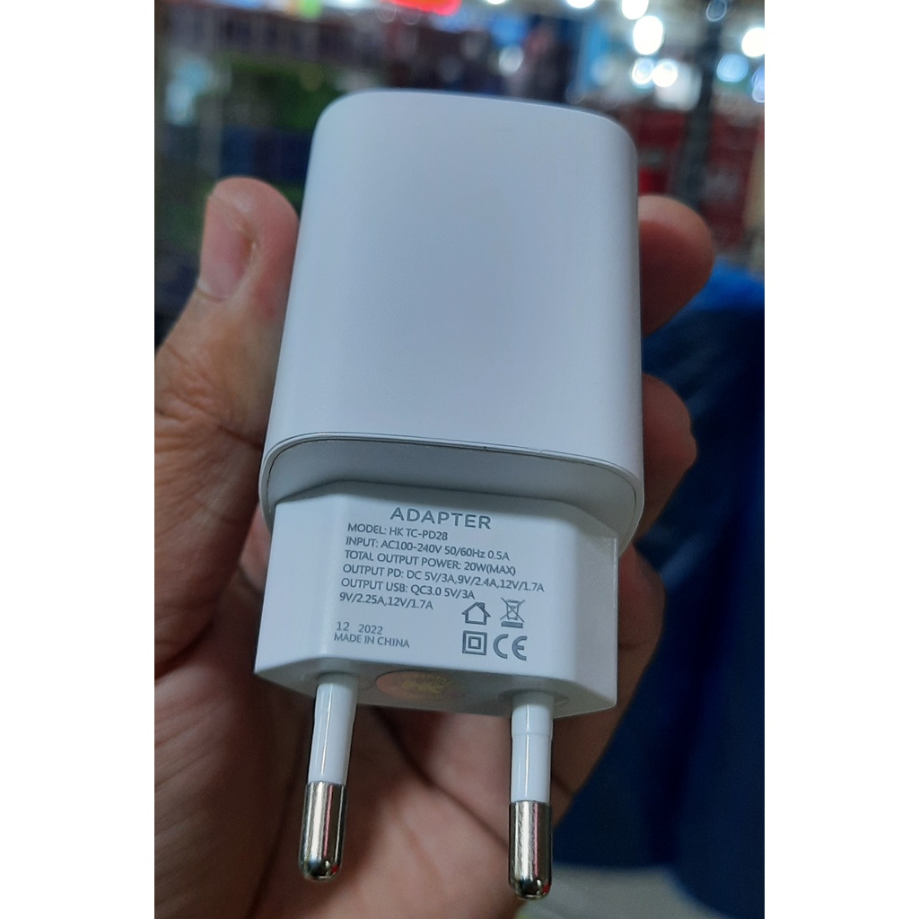 TRAVEL CHARGER HK TC-PD28 4.A 20W USB A + PORT TYPE C PREMIUM OVERLOAD PROTECTION BATOK KEPALA CASAN