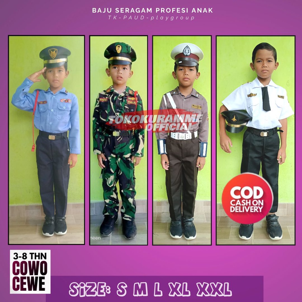 Kostum Anak Laki Perempuan Baju Profesi Anak Tk Paud Polantas Polwan Pilot Tni AD dan AU Usia 3-8 Ta