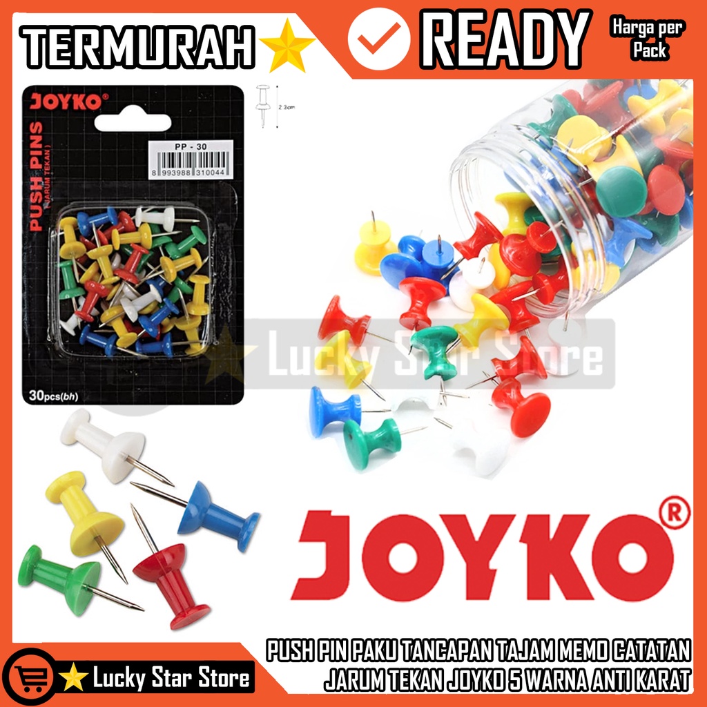 

PUSH PIN JARUM TANCAPAN PUSHPIN JOYKO/JAYCO/JOYCO PP-30 (30 PCS) BOX ANTI KARAT 5 WARNA UNTUK MEMUDAHKAN PENGINDEKSAN MEMO CATATAN PUSH PIN JARUM TEKAN TEMPELAN MEMO STICKY NOTE NOTE STICK STICKY NOTE NOTES KERTAS MEMO TEMPEL PAKU PIN JOYKO