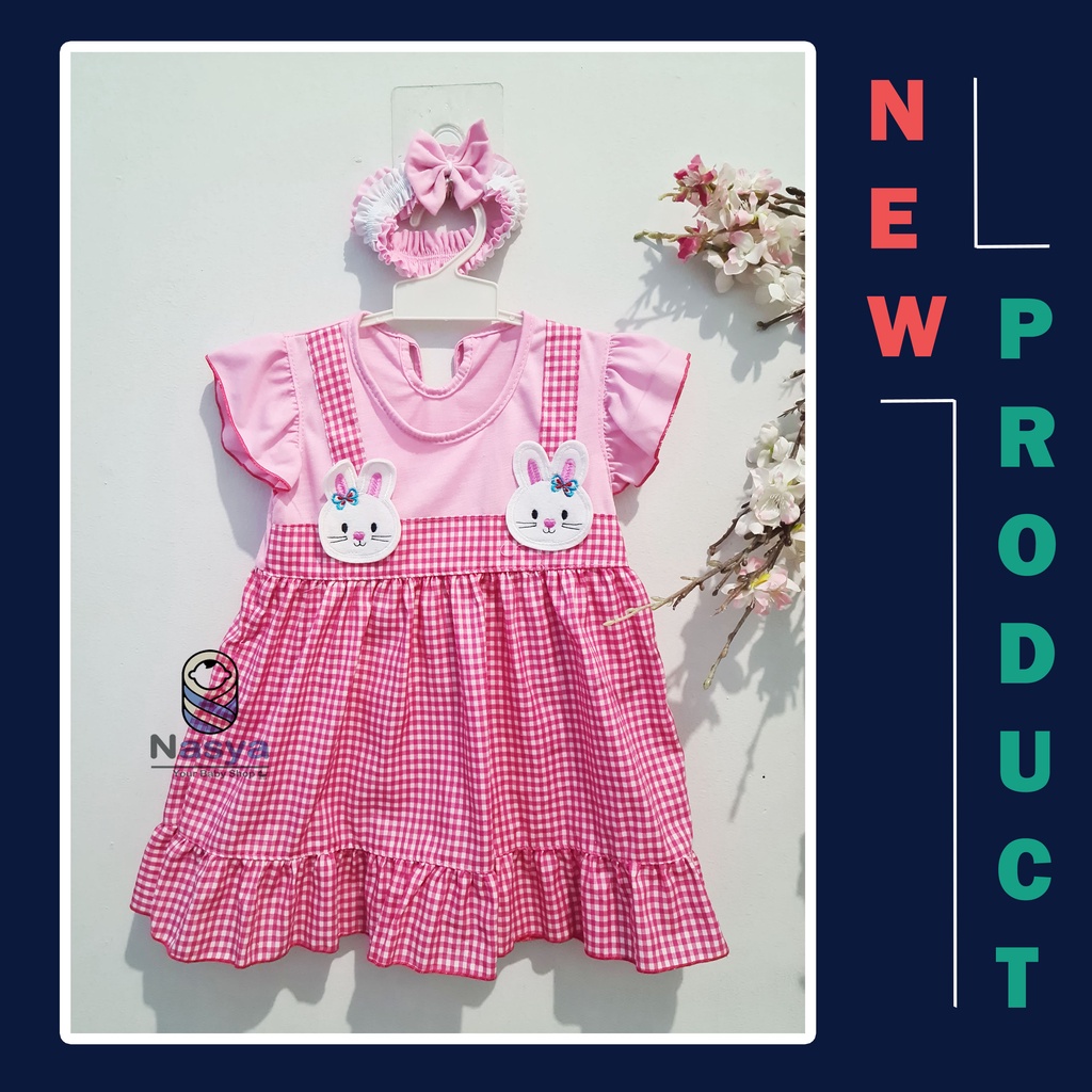 [P-003C] Dress Bayi Lucu FREE BANDO (6-18 bulan) Motif kelinci