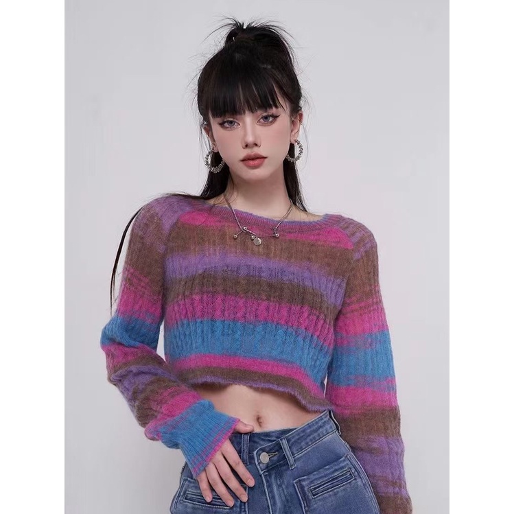 Red Malas Angin Pelangi Bergaris Sweater Wanita Musim Semi 2023 Baru Bahasa Perancis High-End Rasa Desain Niche Pullover Rajutan Top