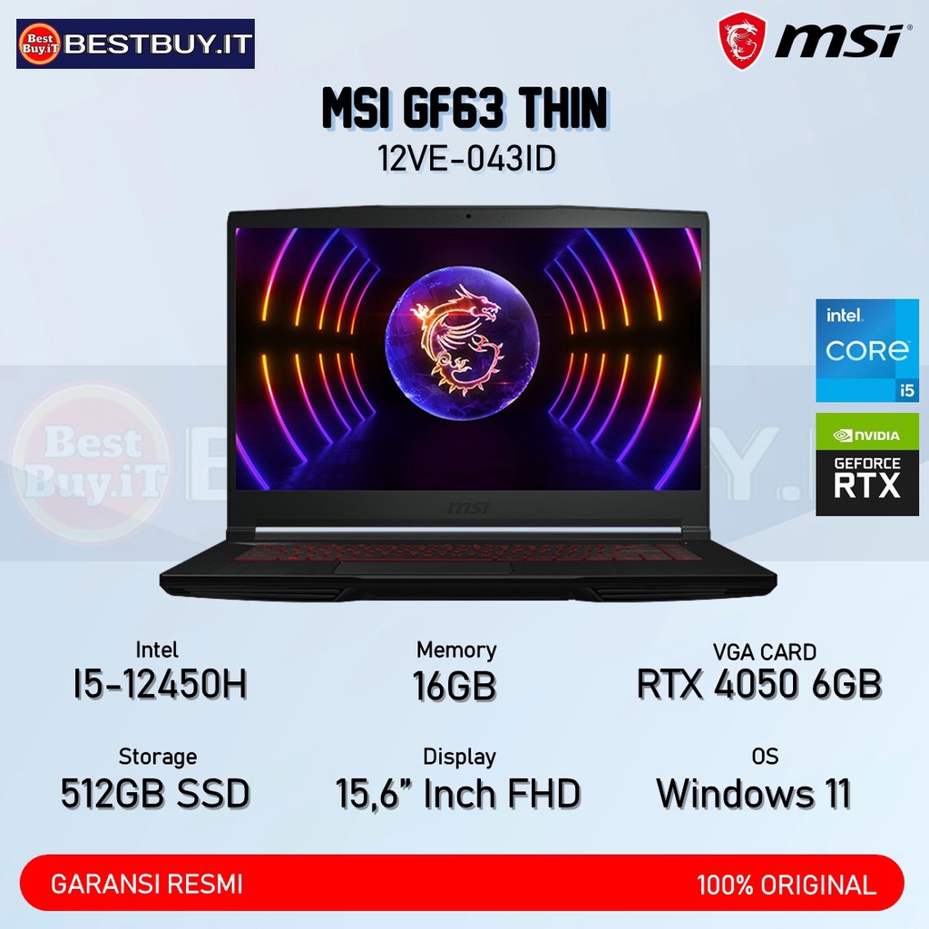 MSI GF63 THIN 12VE 043ID i5-12450H 16GB 512GB RTX4050 6GB 15,6" W11