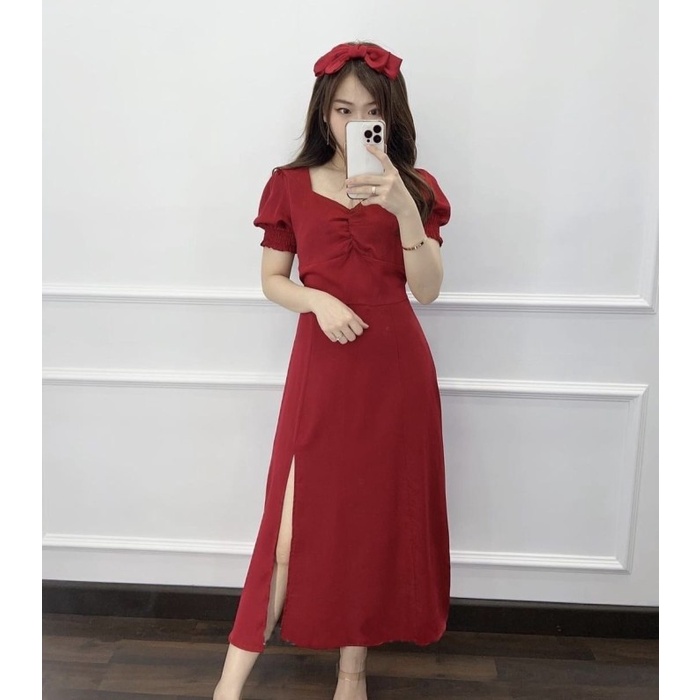 Midi Dress Wanita Lengan Pendek Baju Pesta Rok Belah Outfit Cewe Korea