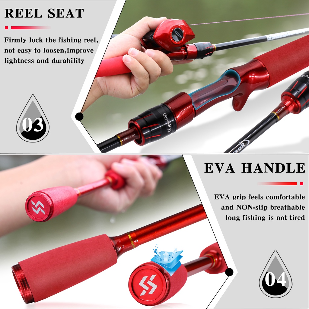 Sougayilang Joran Pancing 1.8M Red Fishing Rod 2 Sections Joran Pancing ML Power 4-12LB Spinning Fishing Rod Solid Carbon Fiber Untuk Air Manis Atau Air Manis  Joran Pancing