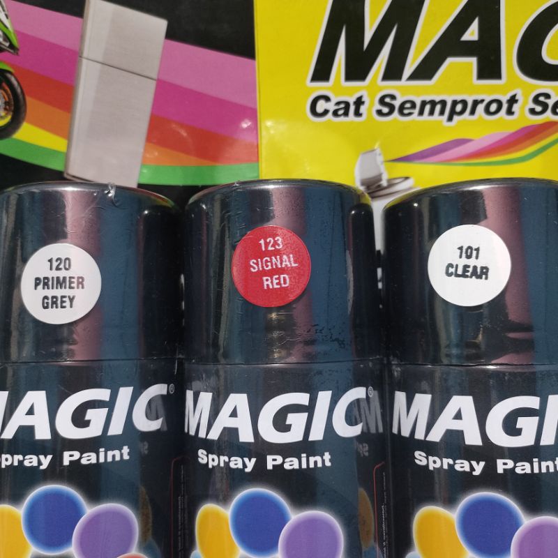 Pilok Pilox Cat Semprot Magic Paket Lengkap 3 Kaleng 300cc Paketan Merah Cabe Signal Red 123 Primer Grey Epoxy 120 Clear Pernis Glossy Mengkilap 101 Spray Paint