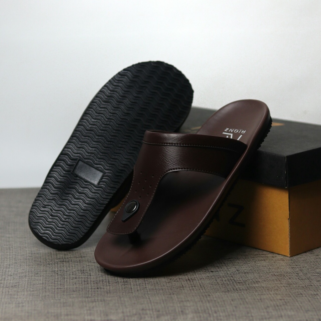 RIONZ ROBERTO - Sandal Pria Jepit Kulit PU Hitam Coklat  Gaya Kekinian Murah - Sandal Casual Pria Cowok Flip Flop Original Terbaru