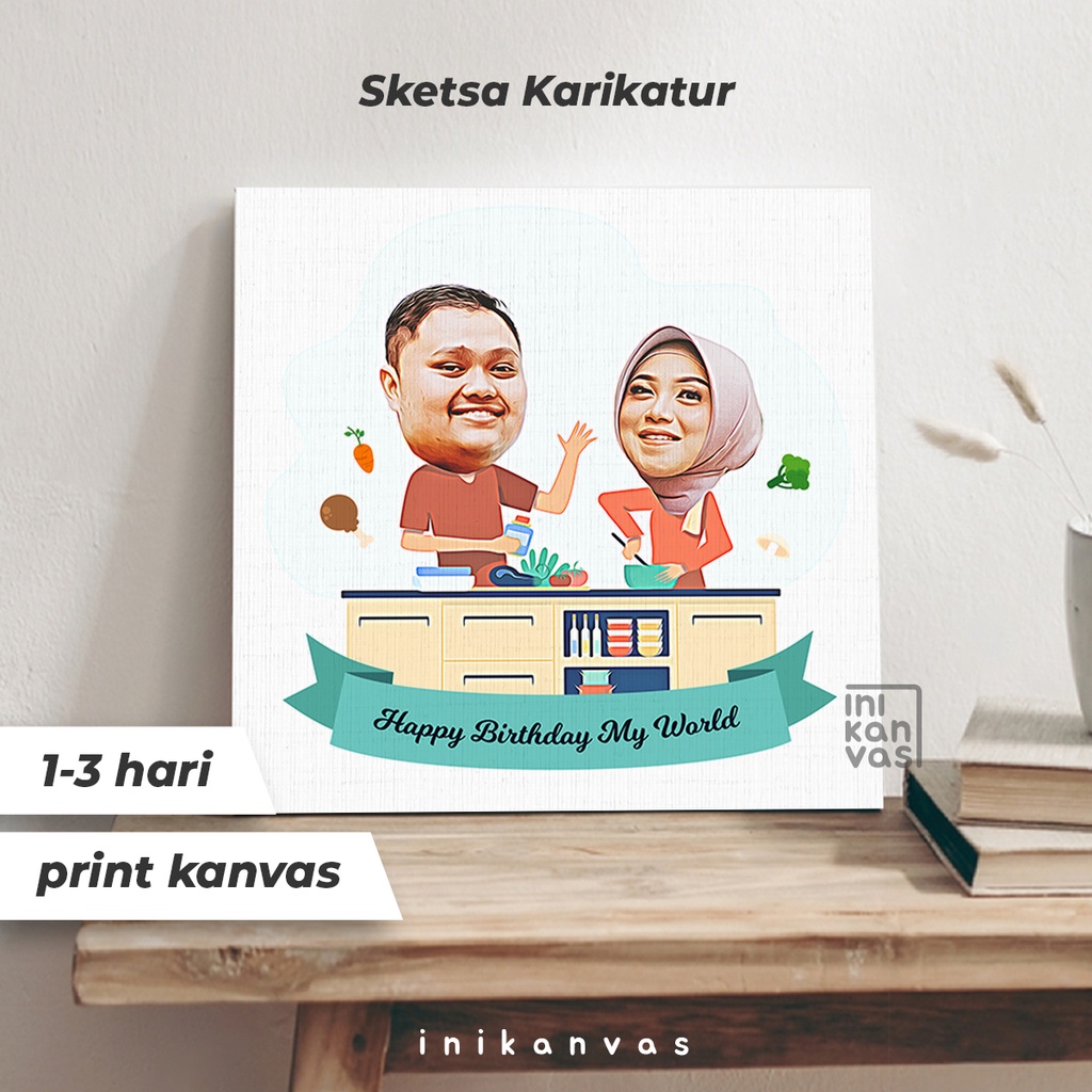 KARIKATUR SKETSA KANVAS 40x 40cm gambar foto wajah wisuda - hadiah kado ulang tahun