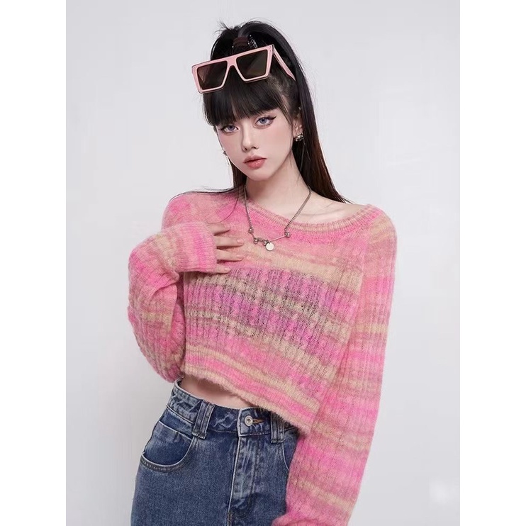 Red Malas Angin Pelangi Bergaris Sweater Wanita Musim Semi 2023 Baru Bahasa Perancis High-End Rasa Desain Niche Pullover Rajutan Top