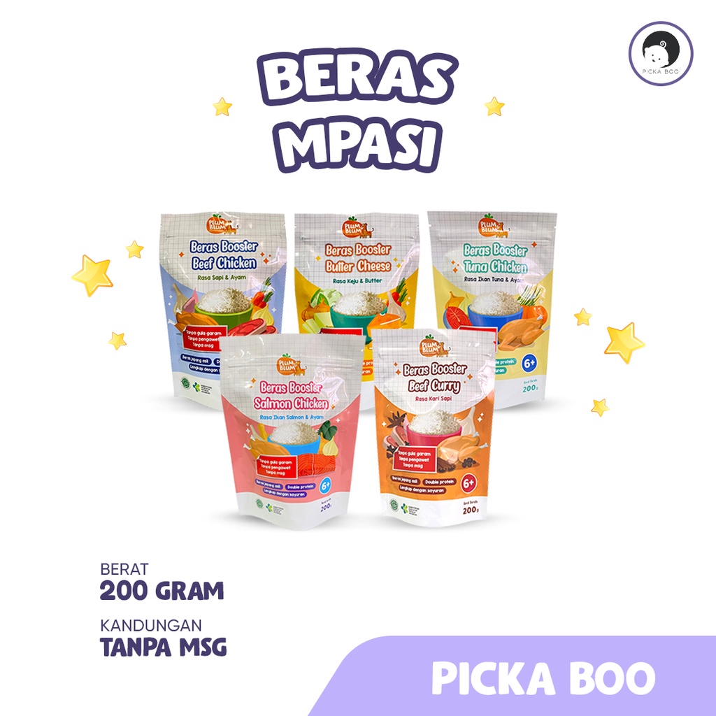 PICKA BOO Plum &amp; Blum Beras Mpasi BB Booster 6 Bulan Beef Chicken Tuna Cheese