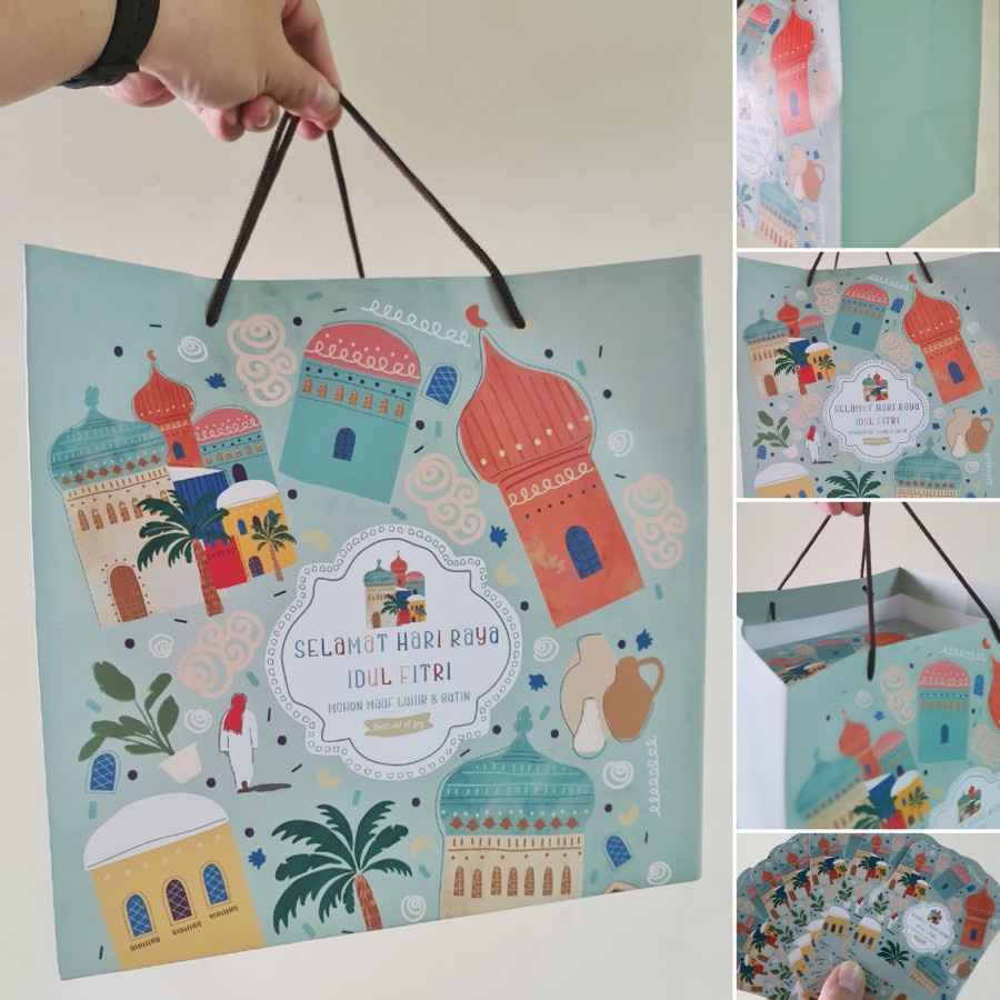 

(5pcs) paperbag hampers lebaran motif colourful mosque goodie bag parcel idul fitri ukuran 27x27x27cm