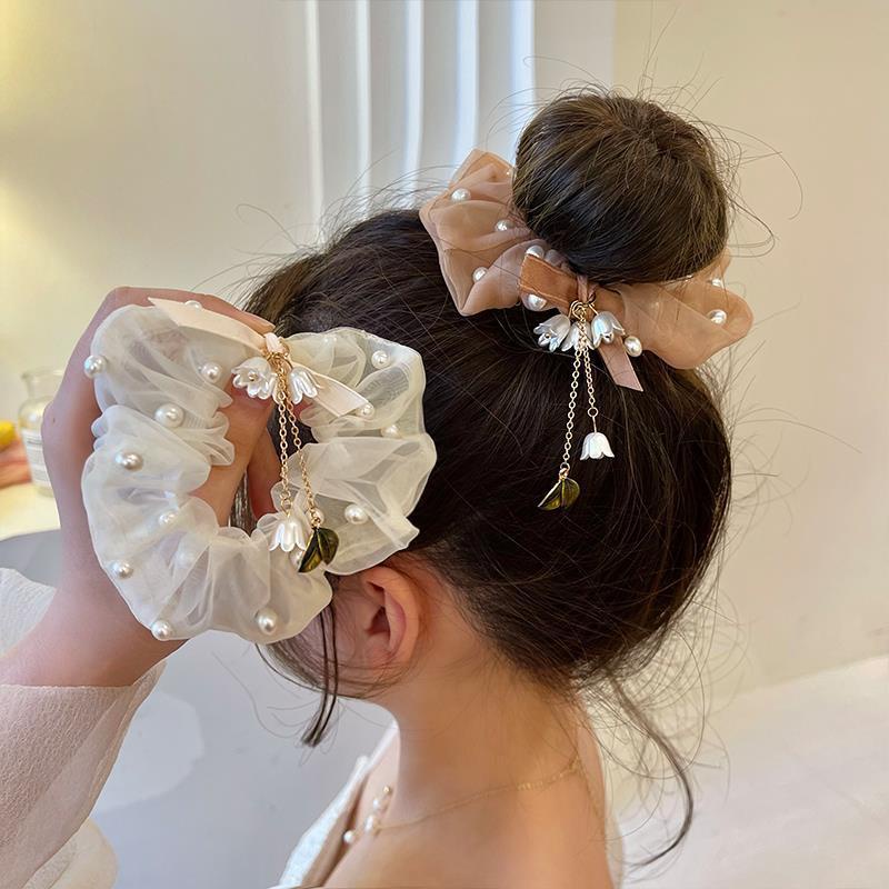 Caliloops Scrunchies Karet Ikat Rambut Bunga Tille Mutiara Korea Linet