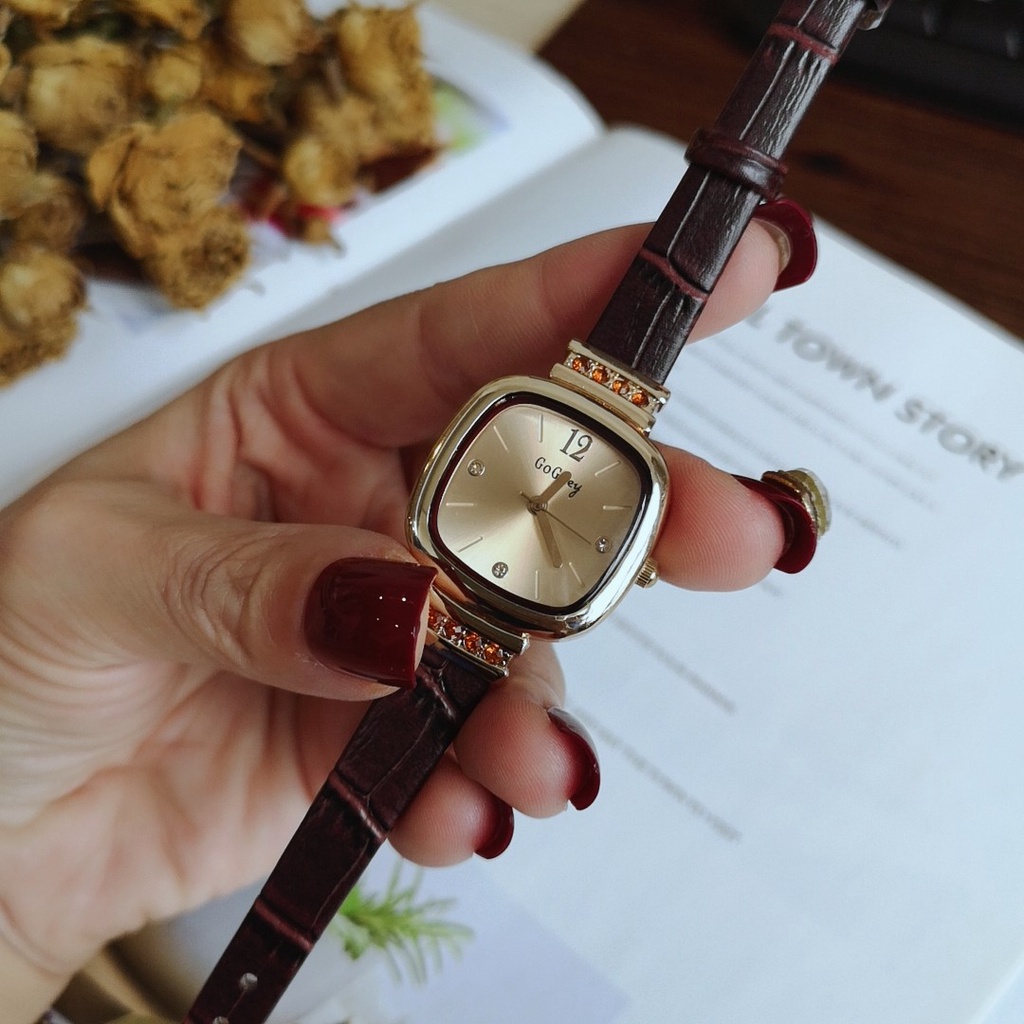 GOGOEY Jam Tangan Wanita Tali Kulit Jam Analog Vintage Segi 2023NEW