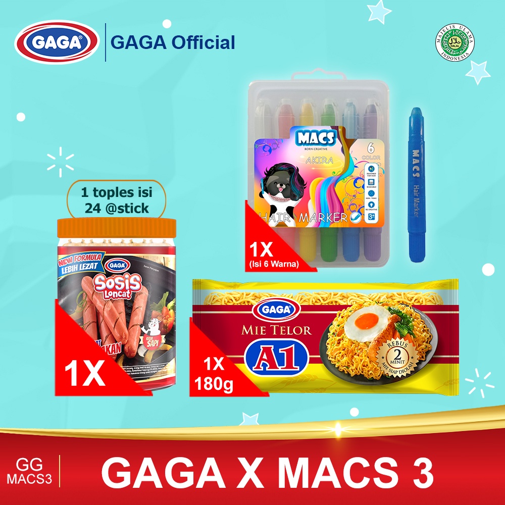 

GAGA Sosis Sapi 1 pc, GAGA Mie Telor A1 1 pc & MACS Hair Marker Isi 6 Warna 1 pc (GAGA X MACS 3)