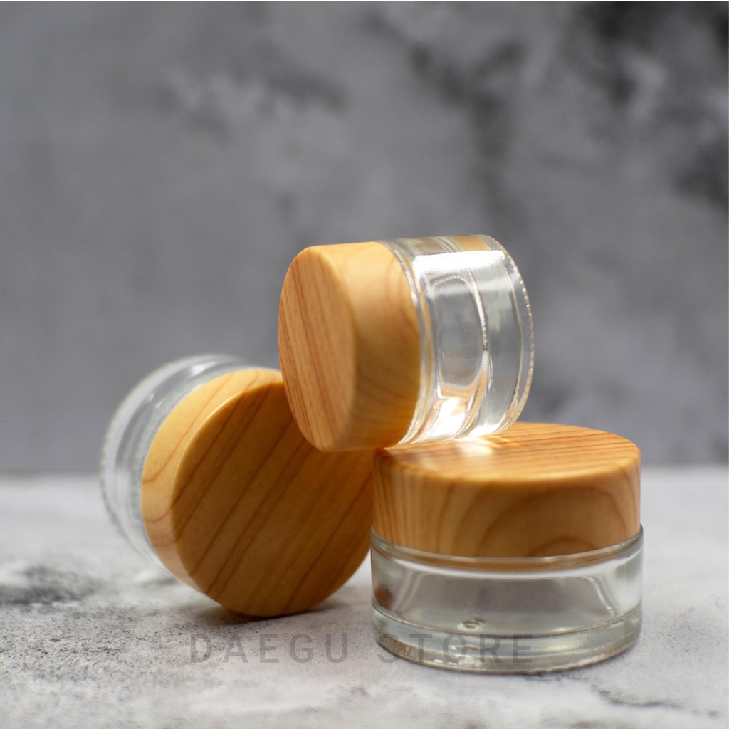 Botol Jar Pot Cream Kaca Bening Tutup PVC Motif Kayu 10gr 15gr 20gr