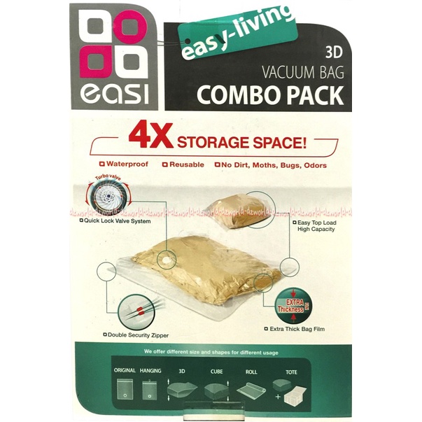 Stora Easi Vacuum Bag Combo Pack 3D Isi 3pcs Easy living 4x lebih Hemat Tempat Plastik Vakum Untuk Selimut Bantal Hordeng Produk Ukuran Besar Easy-Livi