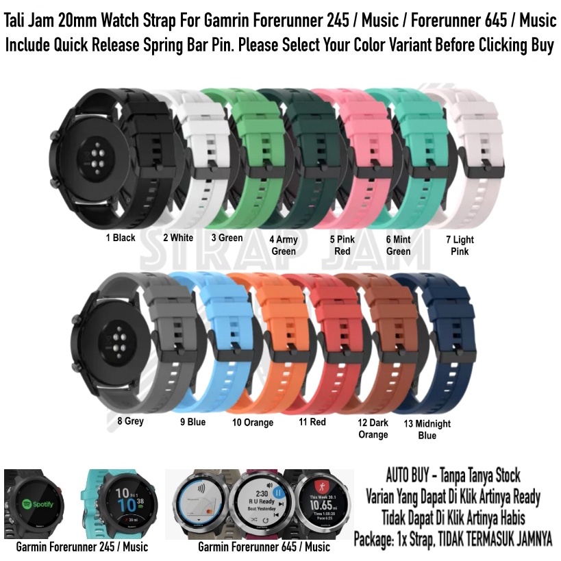 T2E 20mm Tali Jam Smartwatch Garmin Forerunner 645 / 245 / Music - Strap Rubber Silikon Buckle Hitam