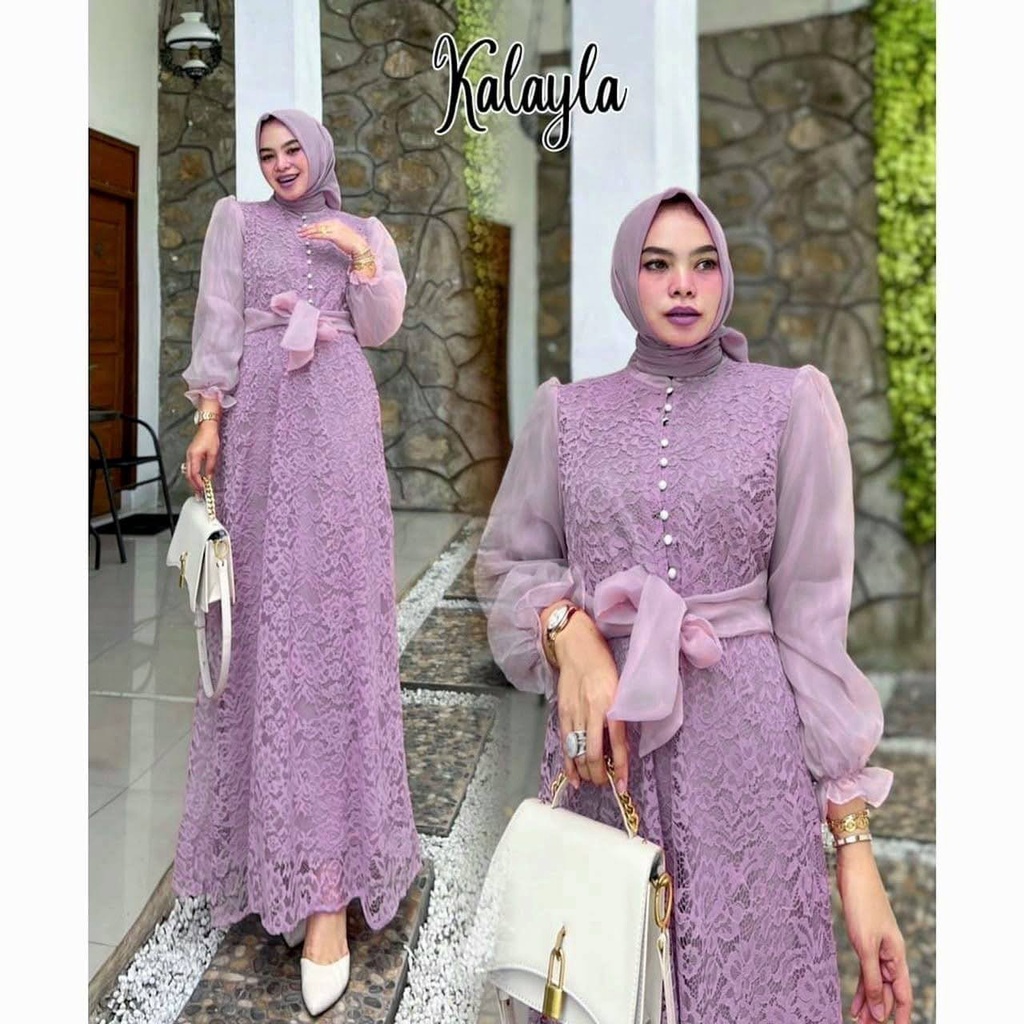 ELDE 12 - Maxy Dress Kalayla ( M - L - XL ) Maxi Gamis Bahan Brukat Corneli Premium Lapis Furing Depan Blkg Kombi Organza Import , Sleting Blkg Depan Kancing Variasi + Ada Tali Belt Organza