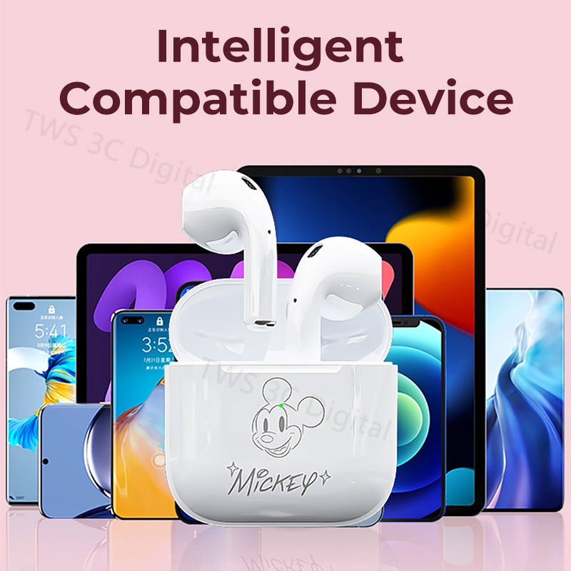 Disney TWS Headset Bluetooth 5.3 Earphone iPhone Android 100% Ori Mini Wireless Pro4 HIFI Musik Dengan Mikrofon