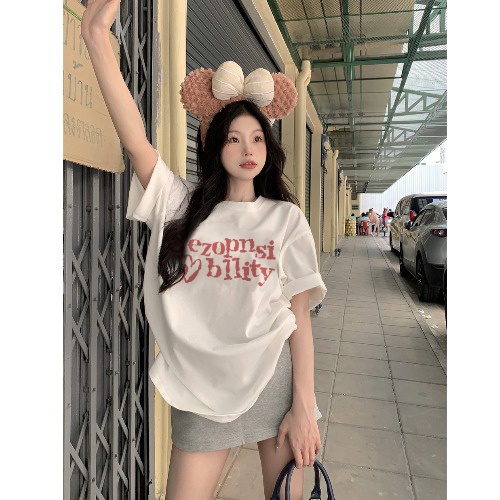 EUNII T-shirt Lengan Pendek Design Sense Pink English Korean Style/Kaos Atasan Wanita/Baju Kaus Oversize Wanita/Kaos Wanita