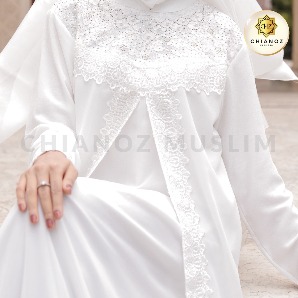 CHIANOZ Gamis Putih Mewah Cinta Dress Brukat Renda Baju Lebaran Umroh Haji Manasik Pesta Akad 877 507