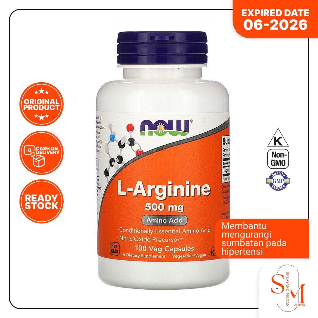 Now Vitamin L-Arginine 500 mg 100 Vcaps Suplemen Fitness Prekursor Nitric Oxide Bantu Kesehatan Pria