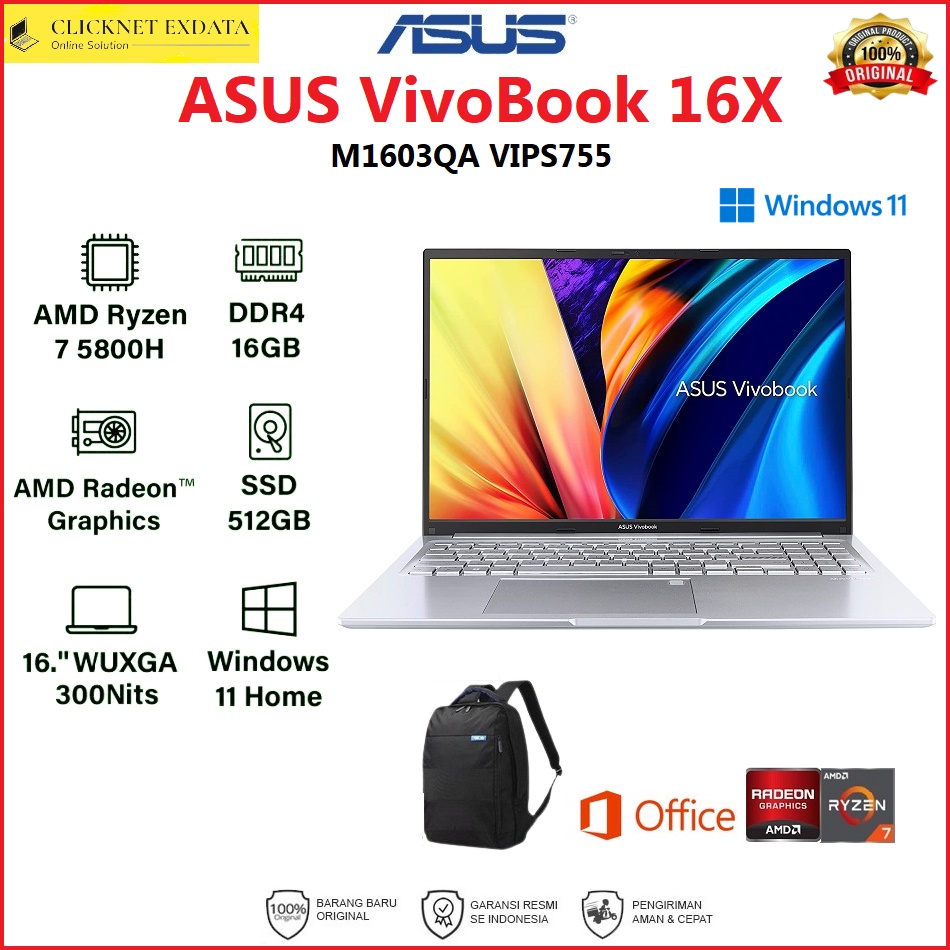 ASUS VivoBook 16X M1603QA VIPS755 RYZEN 7-5800H 16GB 512G SSD 16" WUXGA W11 OHS