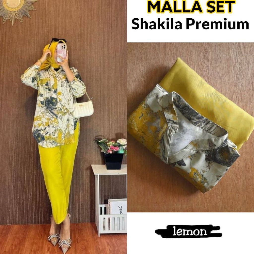 Malla Set - One Set Wanita Kemeja Shakila  Import Twill Premium Setelan Baju Lengan 7/8 Set Celana Panjang Kekinian LD 105 cm