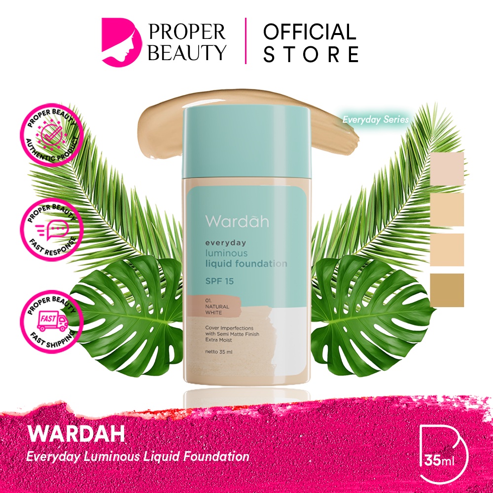 WARDAH Everyday Luminous Liquid Foundation Indonesia / Foundation Cair Wajah 35ml / SPF 15 Cover Imperfectiona With Semi Matte Finish Extra Moist White Light Beige Natural / Coverage Moisturizing Membabkan / Cosmetic Face Makeup Make Up Every Day Series