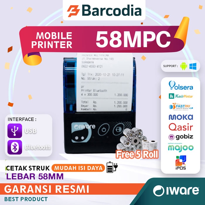 Mobile Printer Bluetooth - Mini Printer HP Android - Iware MP58MPC free 5 roll kertas