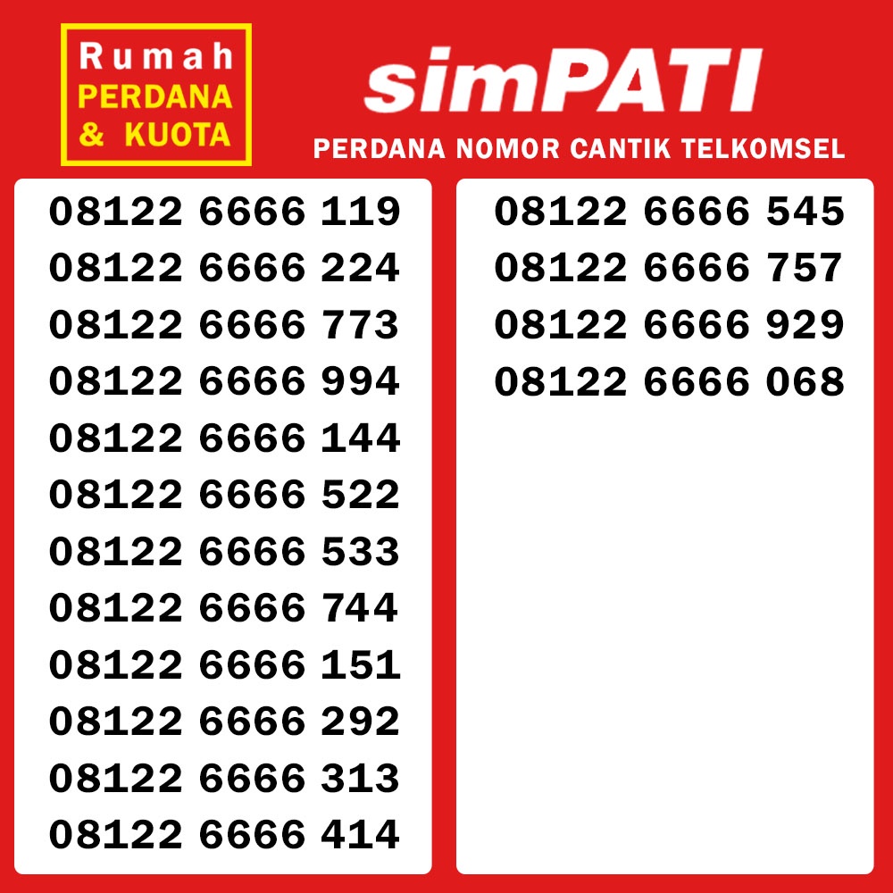 Perdana nomor cantik Telkomsel Simpati kuartet 08122 6666 119 - 66666 01