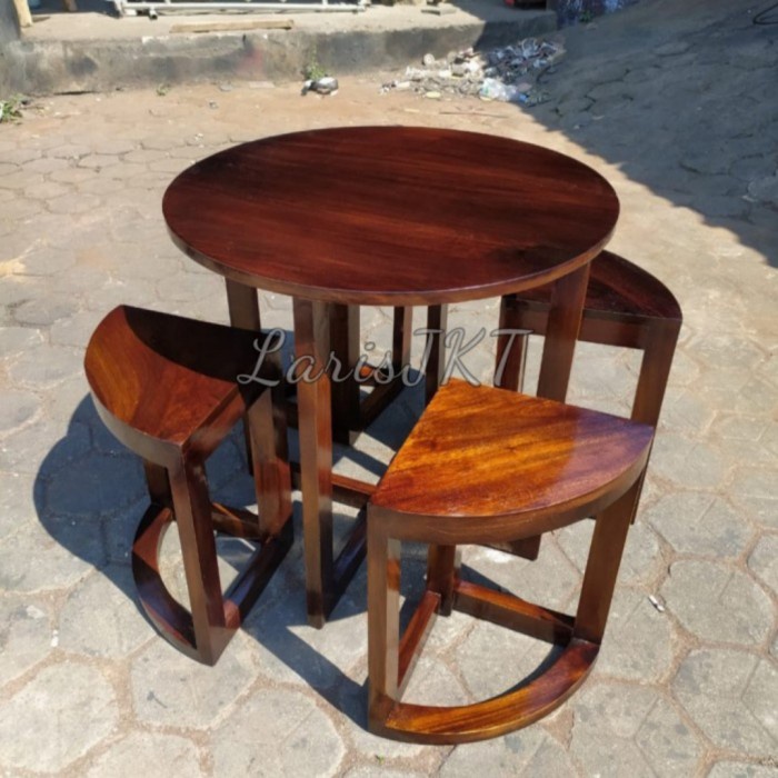LJ1 meja makan minimalis bulat 4 kursi,meja makan jati cafe /resto - Tanpa sandaran