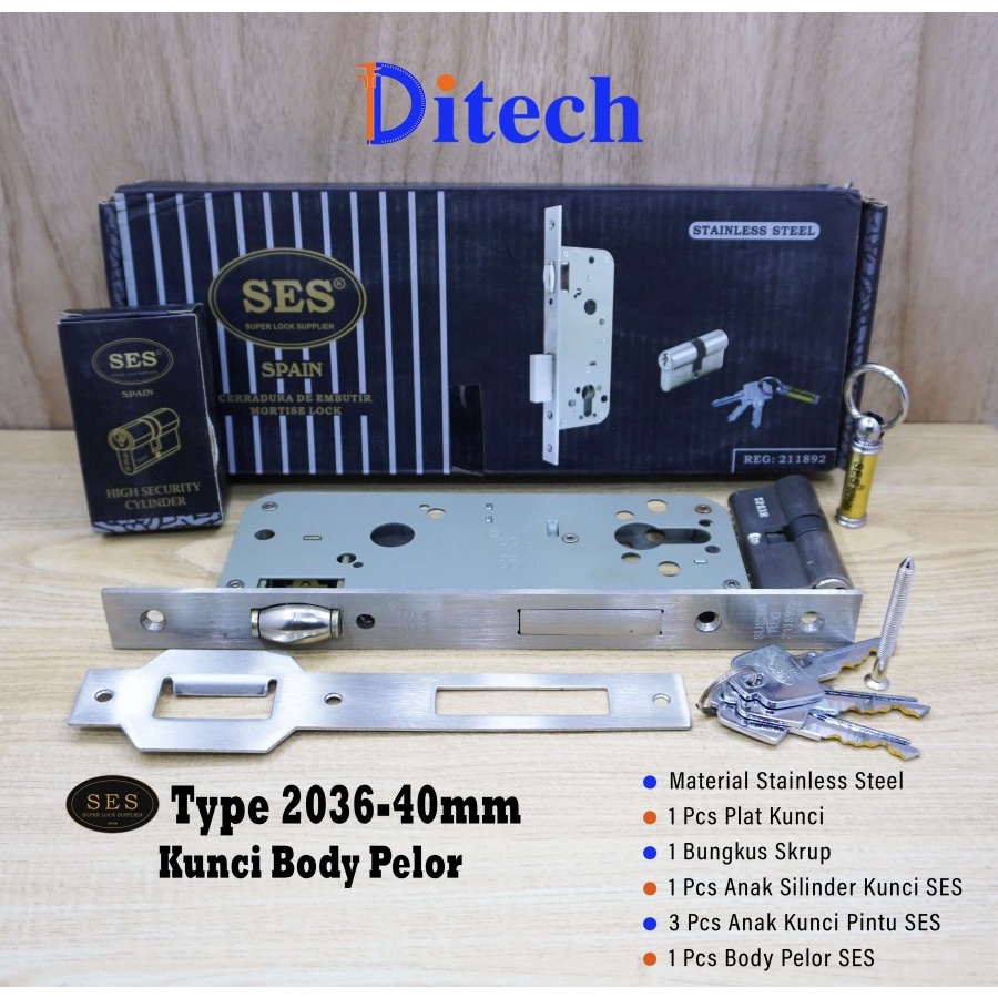 Body Kunci Pelor Stainless Steel SES 2036 - 40mm ORIGINAL Kunci Pintu Stainless Pintu Kupu Tarung