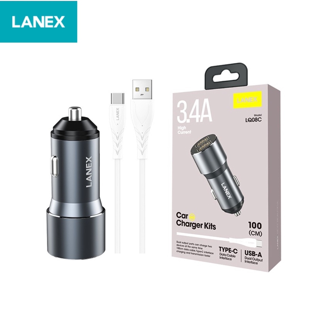 LANEX CAR CHARGER KITS CAS MOBIL 3.4A HIGH CURRENT FAST CHARGING + KABEL TIPE C 100CM