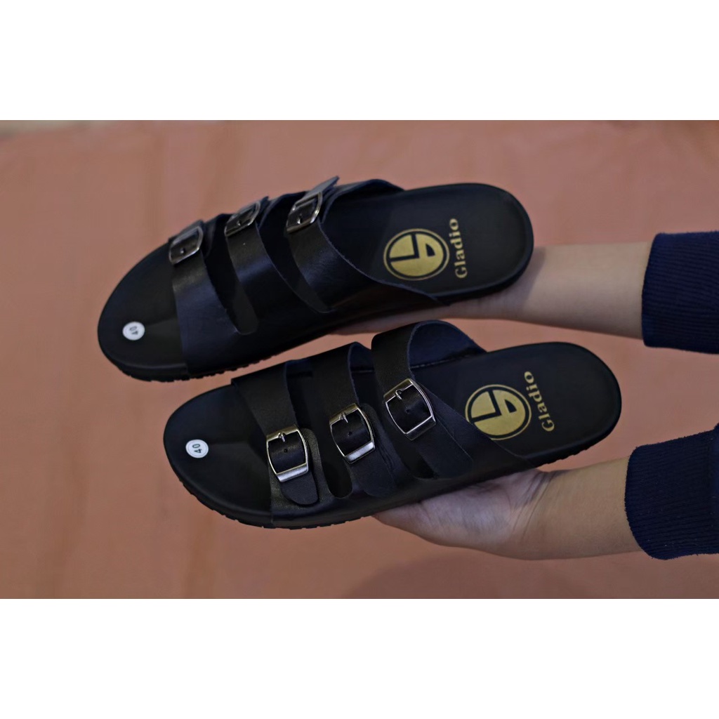 Fatimahshoes Sandal Slide kulit Kasual Santai Fashion Pria Full Black