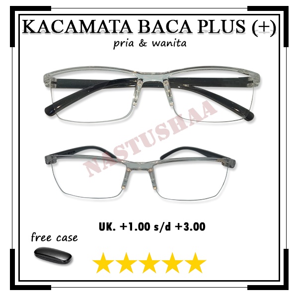 Kacamata Lensa Plus Baca (+) Uk. +1.00 s/d +3.00 Model Semi Rimless Transparan Gagang Hitam Rabun Dekat Pria dan Wanita FREECASE