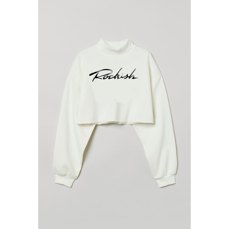 Crop Sweater HM ROCKISH Broken White Crewneck Crop Wanita soft cream