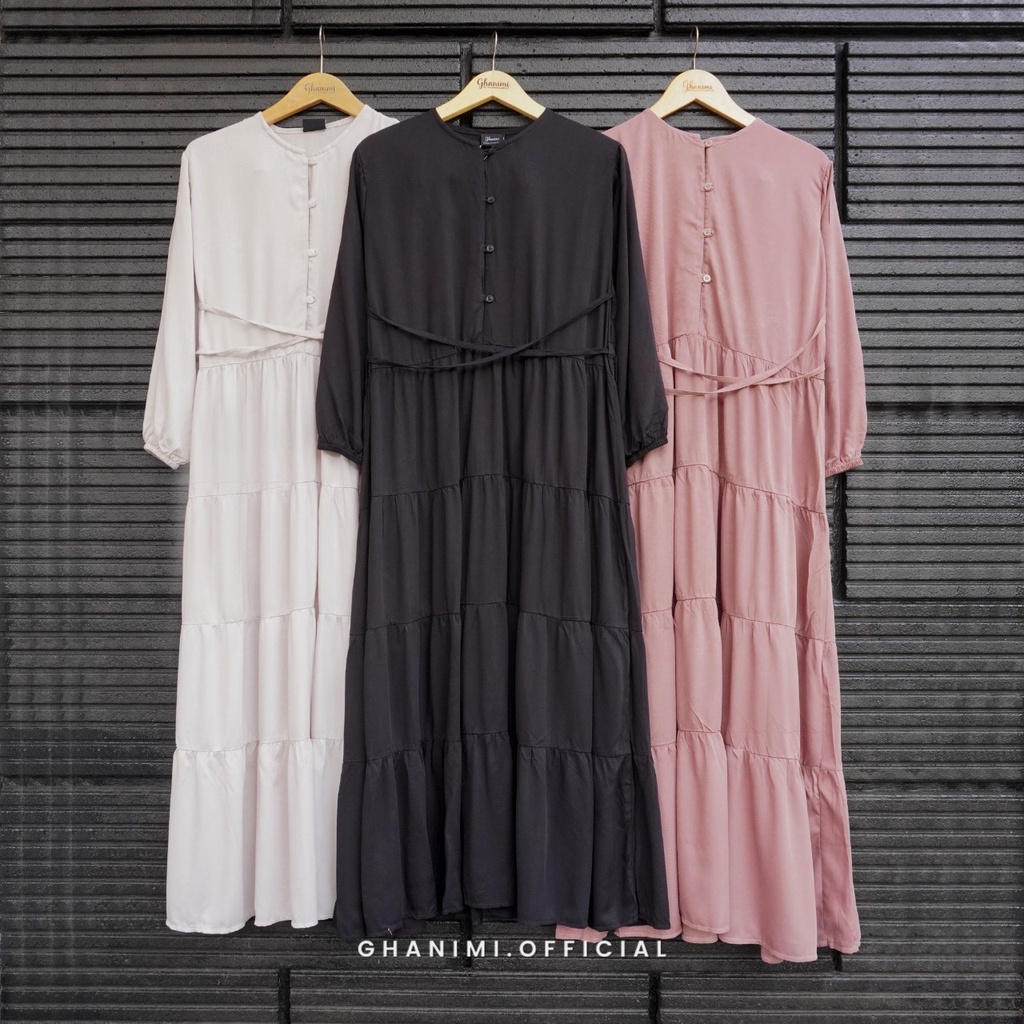 Ghanimi - Aliza Dress  / Gamis Rayon Ruffle Polos / Gamis terbaru / gamis kondangan / dress kondangan / dress rayon tali