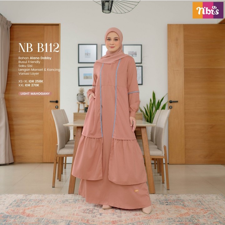 Gamis Nibras Original NB B112 Dessert Sage - Light Mahogany - Gelestial Blue / Fashion Muslim Terbaru 2023