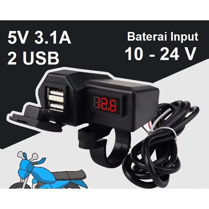 Charger Motor Digital Casan Handphone Di Motor LED Motorcycle Digital Voltmeter Charger Motor Cas HP Motor 2 USB 3.1A