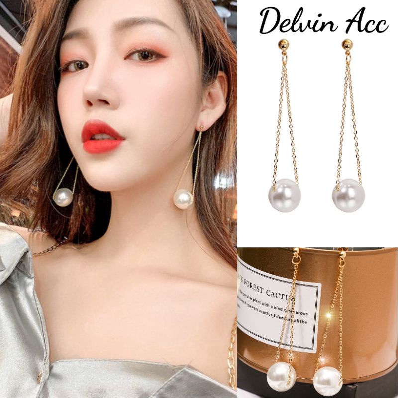 Anting Hijab Rantai Mutiara Juntai Wanita Silver Gold Gaya Korea