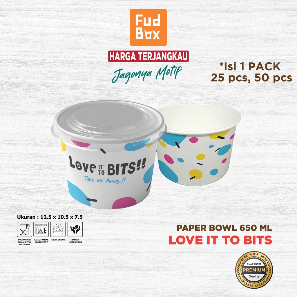 Paper Bowl 650 ml + Tutup | Paper Rice Bowl Mangkok Kertas Motif Love It To Bits