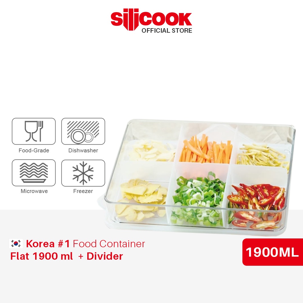 Silicook Food Container Flat 1900ml + Divider Food Container - Kotak Makanan Penyimpanan Kulkas Frid