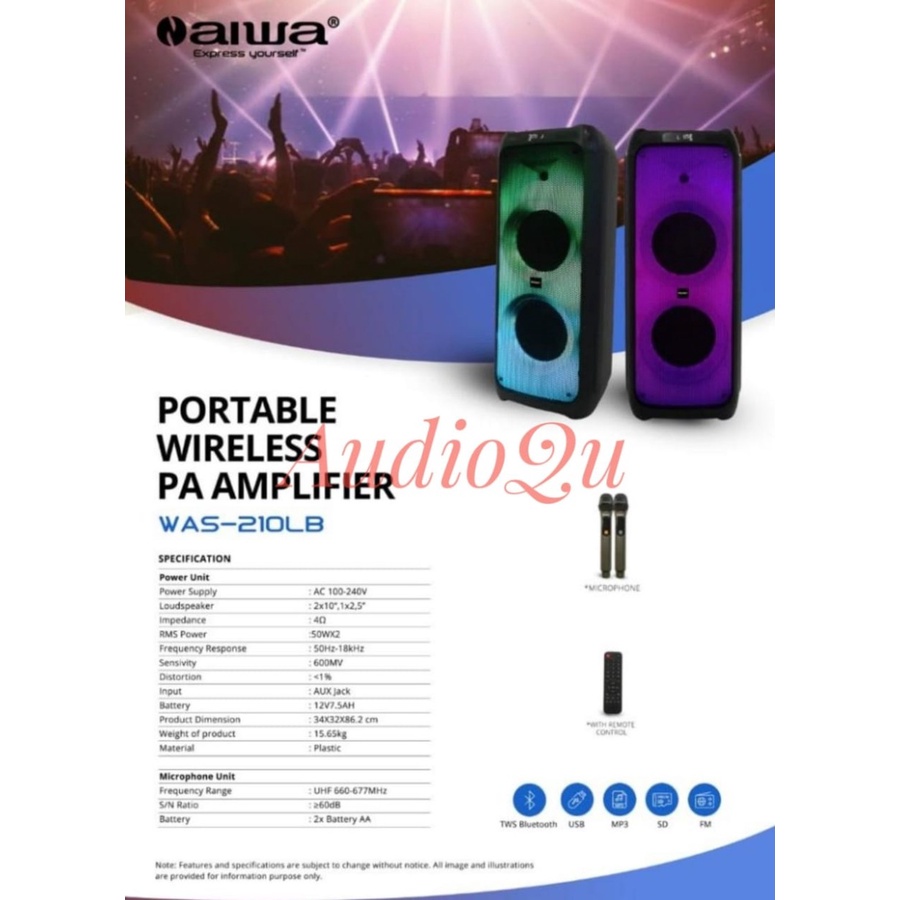 Speaker Portable AIWA WAS 210LB WAS210LB WAS 210 LB 2x10 NAIWA